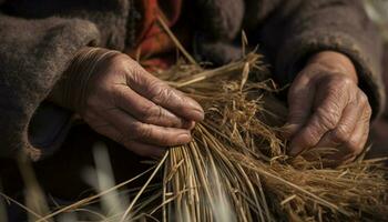 Senior adulto agricultor trabalhando ao ar livre, colheita maduro trigo dentro outono gerado de ai foto