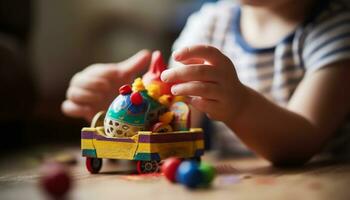 fofa bebê jogando com brinquedo carro, alegre e criativo dentro de casa gerado de ai foto