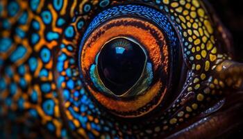 fechar acima do uma vibrante azul peixe com multi colori marcações embaixo da agua gerado de ai foto