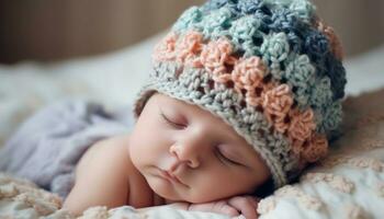 uma fofa bebê Garoto dormindo pacificamente, embrulhado dentro uma suave cobertor gerado de ai foto