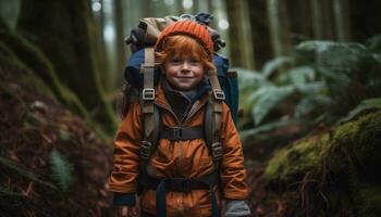 homens e Rapazes caminhada dentro a floresta, desfrutando natureza recreativo perseguição gerado de ai foto