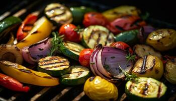 grelhado churrasco Comida vegetal, beringela, tomate, ao ar livre, culinária, vegetariano gerado de ai foto