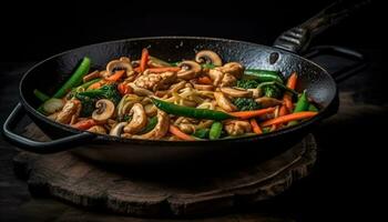 saudável refeição mexer frito legumes com carne, cogumelos, e especiarias gerado de ai foto