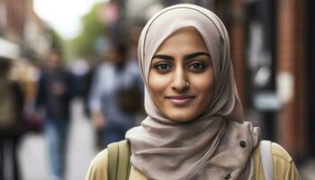 sorridente jovem mulher dentro hijab, olhando às Câmera com confiança gerado de ai foto