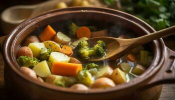 fresco vegetal sopa, uma saudável caseiro gourmet refeição em de madeira mesa gerado de ai foto