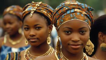 sorridente africano mulheres dentro tradicional roupas, olhando às Câmera ao ar livre gerado de ai foto