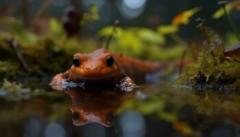 uma fofa sapo sentado em uma molhado folha dentro a floresta gerado de ai foto