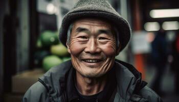 sorridente Senior homem olhando às Câmera dentro cidade, confiante e feliz gerado de ai foto