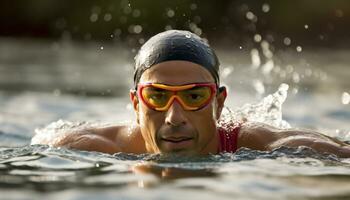 uma sorridente caucasiano atleta natação ao ar livre dentro uma natação piscina gerado de ai foto