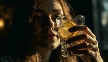 jovem adulto mulher desfrutando uma refrescante coquetel às uma Barra gerado de ai foto