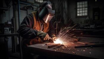 homens trabalhando dentro uma aço fábrica, Soldagem metal com perícia gerado de ai foto