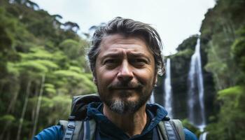 uma sorridente homem caminhada dentro a floresta com uma mochila gerado de ai foto