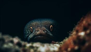 embaixo da agua tartaruga natação dentro a azul mar, olhando às Câmera gerado de ai foto