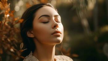 jovem mulher dentro natureza, beleza dentro outono, elegância e relaxamento gerado de ai foto