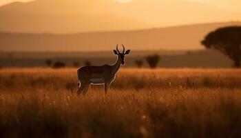 pôr do sol sobre a africano savana, uma tranquilo cena do animais selvagens pastar gerado de ai foto