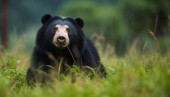 fofa macaco dentro a floresta, olhando às Câmera, brincalhão e pequeno gerado de ai foto