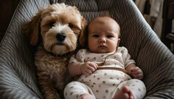 uma fofa pequeno bebê com uma cachorro, dentro de casa, olhando feliz gerado de ai foto