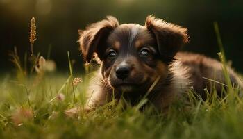 fofa cachorro jogando dentro a grama, desfrutando a ensolarado Prado gerado de ai foto