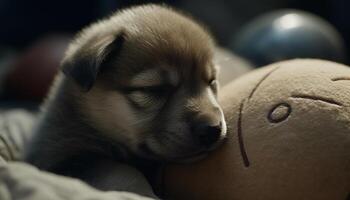 fofa cachorro jogando com uma brinquedo, em repouso em uma suave cama gerado de ai foto