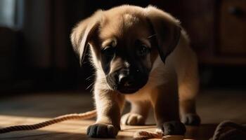 fofa cachorro sentado, olhando às Câmera, brincalhão, dentro de casa, mimado animal gerado de ai foto