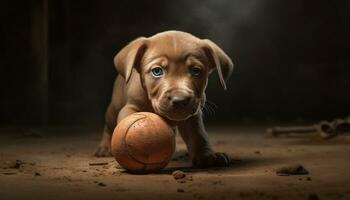 fofa cachorro jogando com uma bola, olhando às Câmera gerado de ai foto