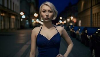 jovem adulto mulher, ao ar livre às noite, olhando às Câmera com confiança gerado de ai foto