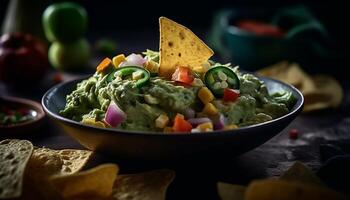 fresco guacamole em uma tortilla lasca, uma delicioso mexicano Aperitivo gerado de ai foto