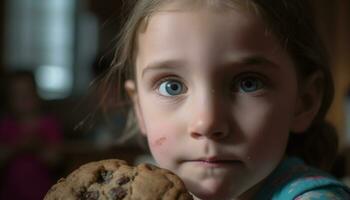 fofa caucasiano menina desfrutando chocolate biscoito, sorridente com alegria gerado de ai foto