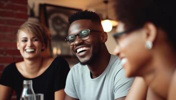 uma grupo do jovem adultos sorridente, desfrutando uma casual encontro gerado de ai foto