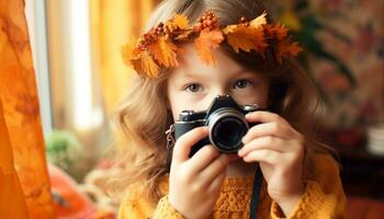 uma fofa caucasiano menina sorridente, segurando uma folha, olhando às Câmera gerado de ai foto