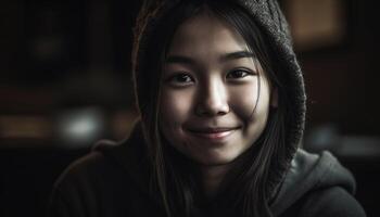 sorridente jovem adulto retrato olhando às Câmera, alegre e fofa gerado de ai foto