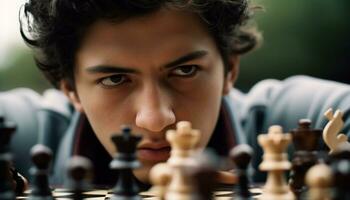 uma Garoto jogando xadrez, concentrando em estratégia e concentração gerado de ai foto