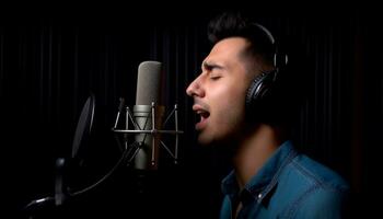 jovem adulto músico cantando com microfone dentro gravação estúdio gerado de ai foto