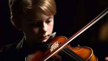 uma talentoso criança violinista jogando com concentração, exibindo musical habilidade gerado de ai foto