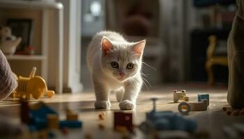 fofa brinquedo gatinho jogando com pequeno criança dentro de casa, animais de estimação e Diversão gerado de ai foto