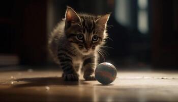 fofa gatinho jogando com uma bola, listrado e dentro de casa gerado de ai foto