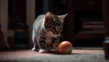 fofa gatinho jogando com brinquedo, olhando às Câmera, dentro de casa gerado de ai foto