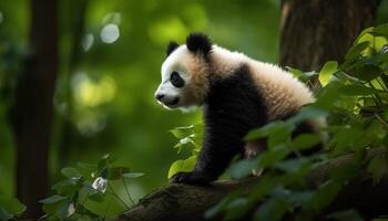 fofa panda sentado em uma filial, comendo bambu dentro a floresta gerado de ai foto