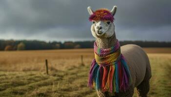 fofa alpaca pastar dentro uma colorida Prado, olhando às Câmera gerado de ai foto