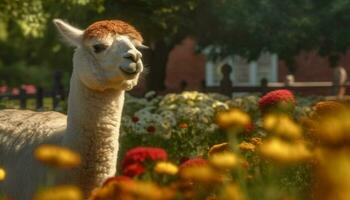 fofa alpaca pastar em verde Prado, sorridente debaixo a Sol gerado de ai foto