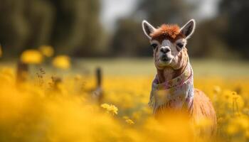 fofa cachorro pastar dentro uma verde Prado, desfrutando a ao ar livre gerado de ai foto