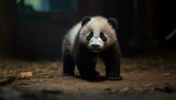 fofa panda filhote jogando dentro a floresta, olhando às Câmera gerado de ai foto
