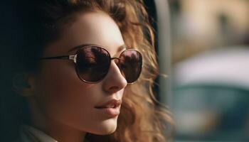 jovem mulher dentro oculos de sol exala confiança e elegância dentro cidade gerado de ai foto