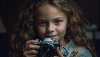 fofa caucasiano menina sorridente, segurando Câmera, olhando às fotógrafo ao ar livre gerado de ai foto