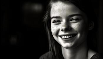 sorridente mulher, retrato do alegre adulto com felicidade e confiança gerado de ai foto