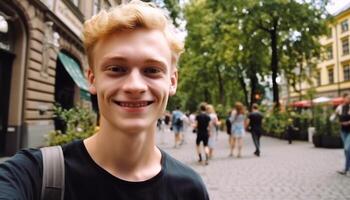 sorridente criança ao ar livre, alegre retrato olhando às Câmera, Rapazes tendo Diversão gerado de ai foto