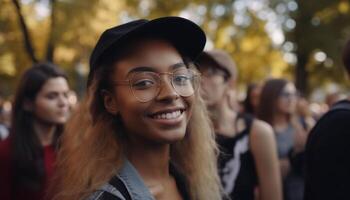 sorridente jovem mulheres ao ar livre, alegre grupo do pessoas desfrutando amizade gerado de ai foto