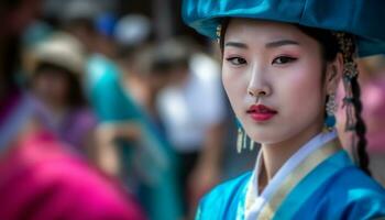 uma jovem mulher dentro tradicional roupas, olhando às a Câmera gerado de ai foto