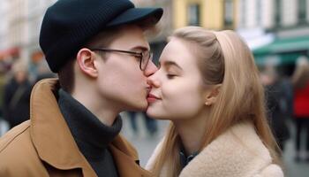 jovem casal ao ar livre, abraçando e se beijando, expressando amor e felicidade gerado de ai foto