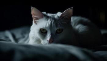 fofa gatinho com suave pelagem, olhando fixamente, dormindo em fofo cama gerado de ai foto